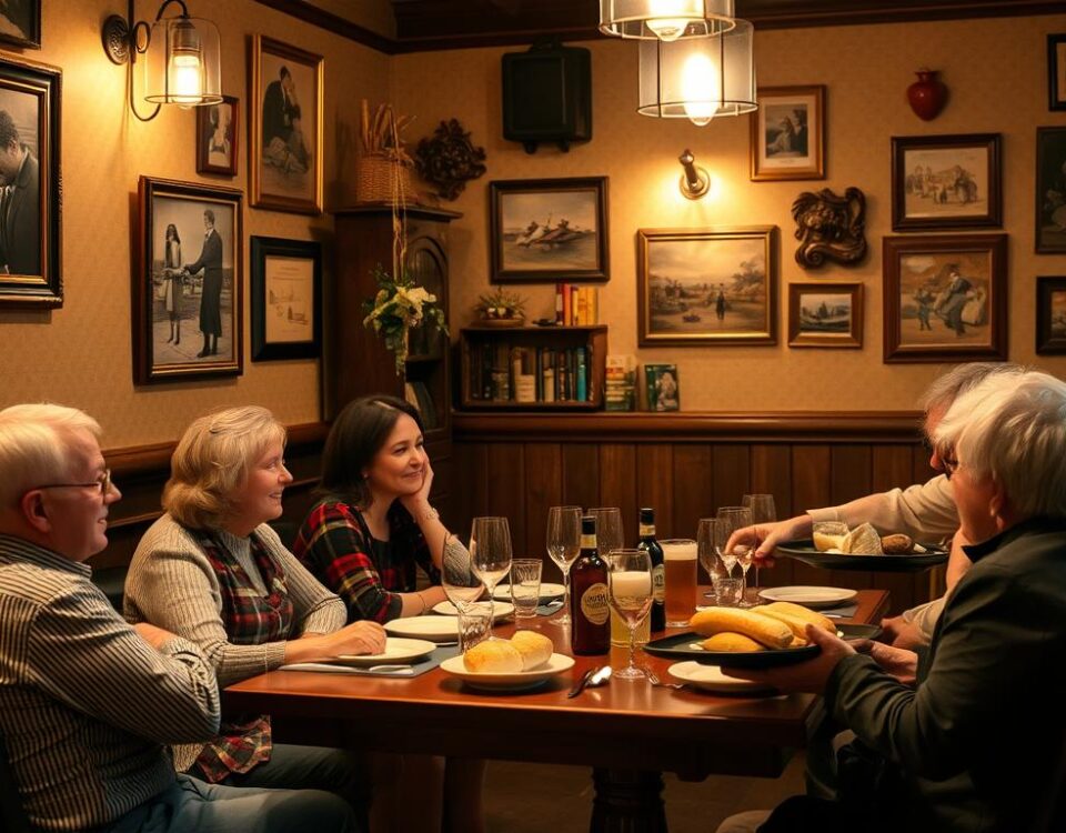 A cozy, well-lit restaurant interior with a group of friends seated around a table, engaged in lively conversation. The walls are adorned with framed artwork and vintage decor, creating a warm, inviting atmosphere. The table is set with elegant place settings, and a server approaches, carrying a tray of freshly baked bread and drinks. The patrons' expressions convey a sense of comfort and familiarity, as if they are regulars at this establishment. Soft, ambient lighting casts a gentle glow over the scene, highlighting the attention to detail and the overall sense of hospitality that pervades the space.
