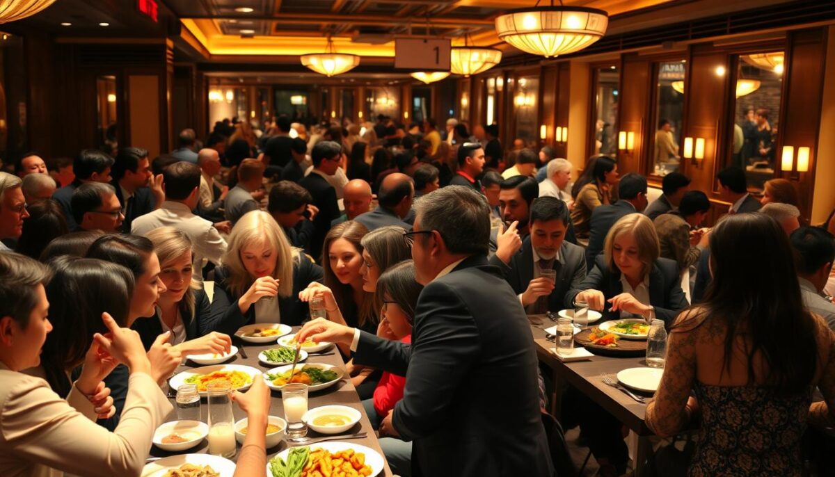 A crowded, bustling restaurant interior with diners enjoying their meals. In the foreground, a group of well-dressed patrons enthusiastically sharing their dishes and interacting, creating an atmosphere of conviviality and excitement. The middle ground features other tables of diners deeply engaged in conversation, their body language and facial expressions conveying a sense of satisfaction and delight. The background showcases the restaurant's ambiance, with warm lighting, tasteful decor, and a lively, energetic vibe. The overall scene exudes a palpable sense of FOMO, enticing the viewer to imagine themselves as part of this vibrant, socially-connected dining experience.