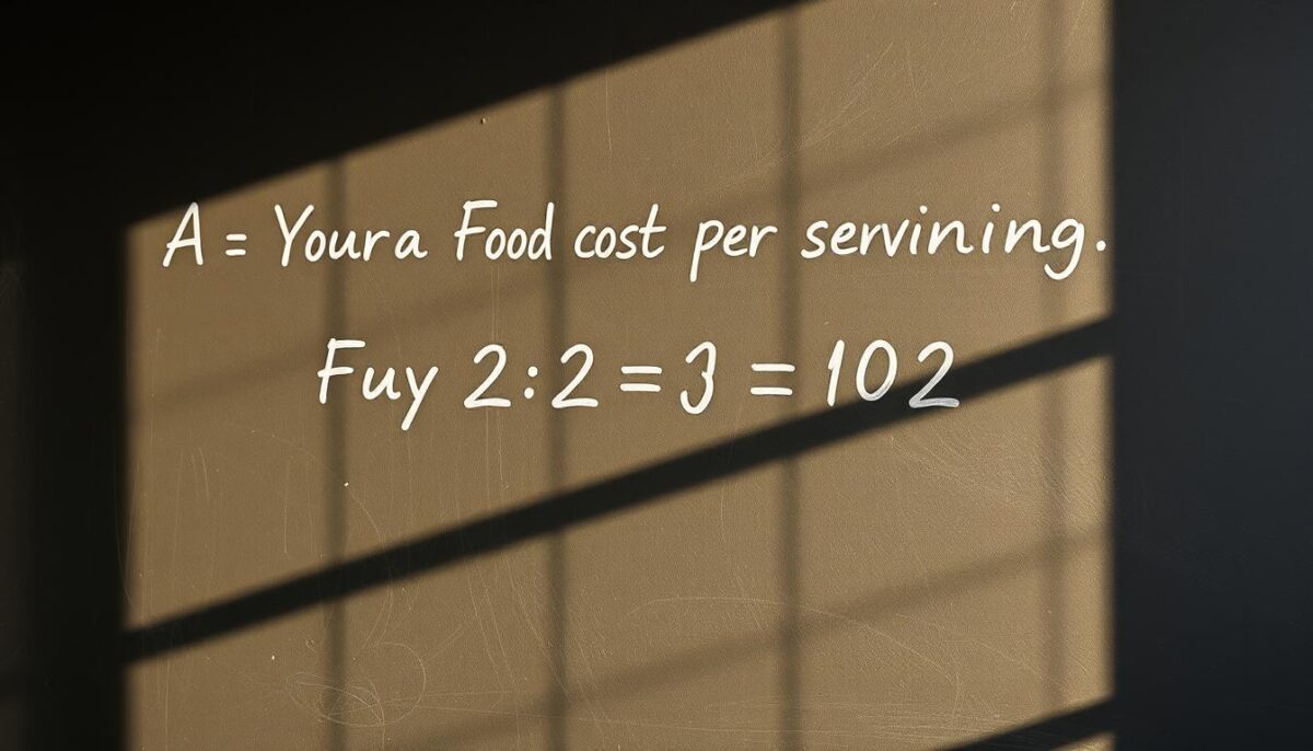 A detailed and neatly formatted formula for calculating food cost per serving, presented on a clean, minimal chalkboard backdrop. The formula is centered and rendered in crisp, elegant cursive script, with supporting mathematical symbols and units clearly delineated. Warm, natural lighting from the side casts subtle shadows, creating depth and emphasizing the textural quality of the chalkboard surface. The overall composition is balanced and visually striking, effectively communicating the essential nature of this fundamental culinary calculation.