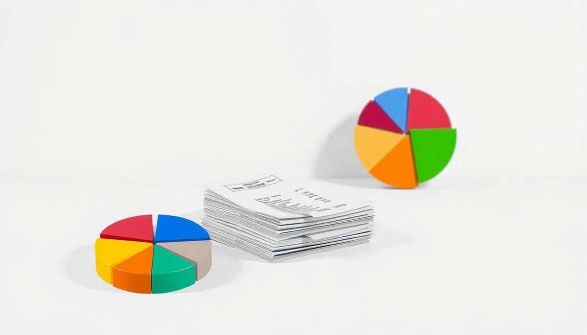 A detailed illustration of "food cost percentage" against a minimalist backdrop. The foreground features a crisp, high-contrast pie chart with vivid hues representing different cost components - ingredients, labor, overhead, and profit. The middle ground showcases a stack of neatly arranged restaurant receipts and financial documents, conveying the financial aspects of food costing. The background is a clean, muted gray or white, allowing the key visual elements to take center stage. Soft, directional lighting casts subtle shadows, adding depth and dimensionality to the composition. The overall mood is informative, precise, and visually appealing, suitable for the "What Is a Good Food Cost Percentage?" section of the article.