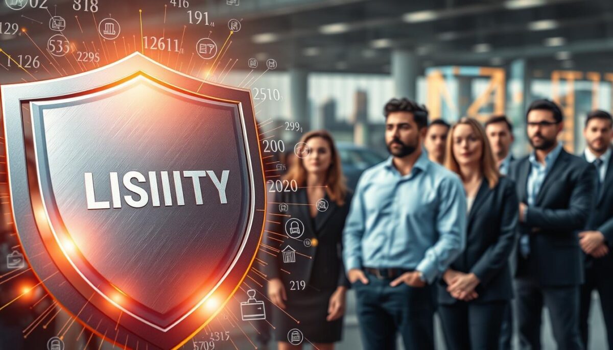 A detailed illustration of liability insurance, capturing the essence of protection and risk management. In the foreground, a shield-shaped emblem symbolizes the safeguarding power of liability coverage, its metallic surface gleaming under warm, directional lighting. Overlaying this is a dynamic flow of numerical data and legal icons, representing the complex web of policies and regulations. In the middle ground, a group of diverse business owners gathers, each with a thoughtful expression, conveying the importance of comprehensive liability protection. The background features a blurred cityscape, hinting at the broader commercial landscape that liability insurance shields against. The overall composition exudes a sense of security, professionalism, and the careful consideration required in navigating the liability insurance landscape.