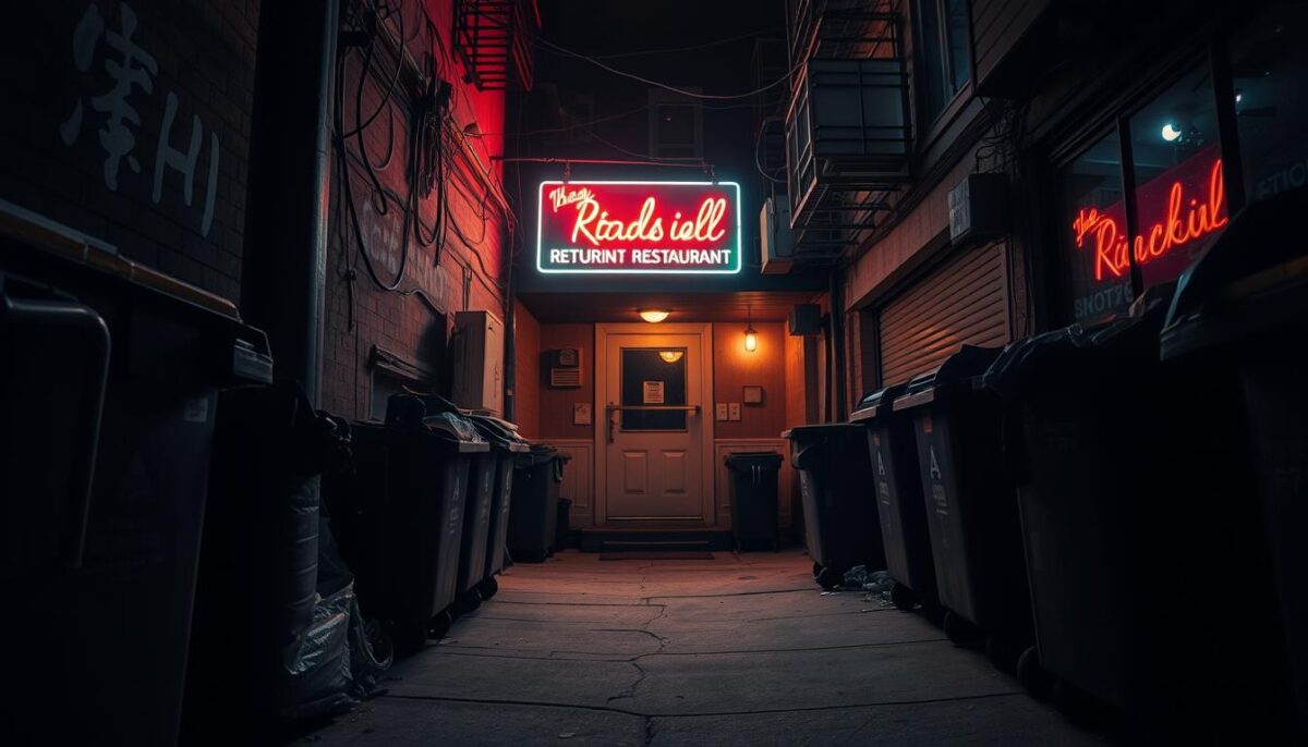 A dimly lit and cluttered alleyway, lined with dilapidated buildings and overflowing dumpsters. The sidewalk is cracked, and a flickering neon sign hangs precariously above a small, unassuming door - the entrance to a struggling restaurant. The atmosphere is gloomy, with a sense of despair and missed opportunities. The camera angle is low, emphasizing the cramped and uninviting nature of the location. Soft, warm lighting from the restaurant's interior spills out onto the street, providing a glimmer of hope amidst the overall bleak and neglected environment.