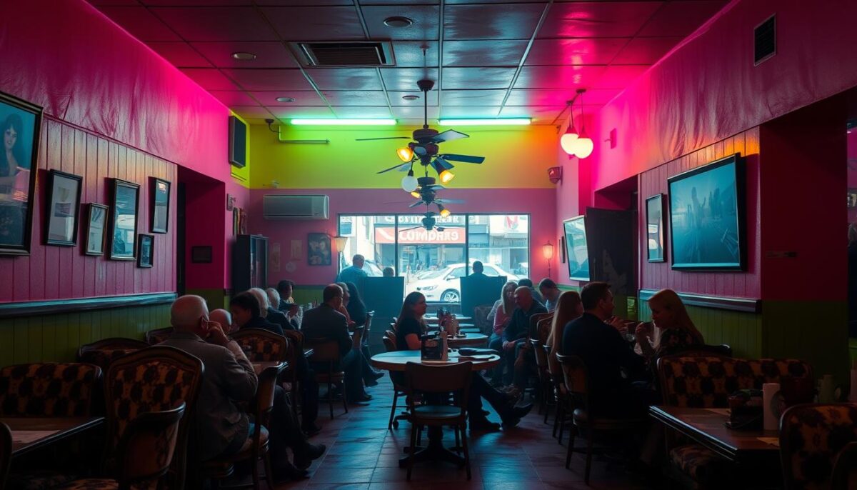 A dimly lit, chaotic restaurant interior with clashing, garish colors. The walls are painted in a gaudy combination of neon pink and lime green, while the furniture features a disjointed mix of mismatched patterns and textures. The lighting is harsh and uneven, casting unflattering shadows on the patrons, who appear uncomfortable and out of place. The overall atmosphere is overwhelming and off-putting, creating a sense of visual dissonance that is at odds with the ideal dining experience.