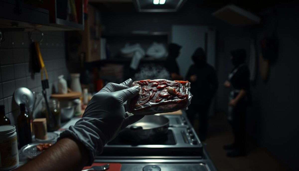 A dimly lit commercial kitchen, the countertops cluttered with various kitchen tools and ingredients. In the foreground, a pair of hands wearing latex gloves carefully inspecting a package of raw meat, examining it for potential food safety issues. The middle ground features a sizzling pan on the stovetop, steam rising, and a chef-style apron hanging on a hook nearby. In the background, shadowy figures move about, highlighting the hidden dangers that could lurk in even the most well-maintained kitchens. Dramatic chiaroscuro lighting casts deep shadows, creating an ominous and unsettling atmosphere, emphasizing the "hidden" nature of the food safety risks.