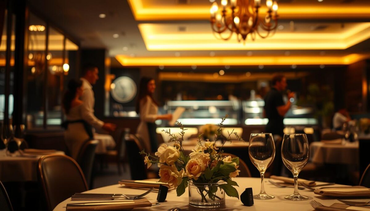 A dimly lit restaurant interior, with warm, ambient lighting highlighting the sensory experience. In the foreground, a table setting with delicate china, polished silverware, and a centerpiece of fresh, fragrant flowers. The middle ground features waitstaff moving gracefully, engaging customers through attentive service and subtle gestures. In the background, a carefully curated soundscape of soothing, melodic music fills the air, complementing the aroma of freshly prepared dishes wafting from the kitchen. The overall atmosphere evokes a sense of refined elegance, inviting the customer to indulge their senses and linger longer, savoring the experience.