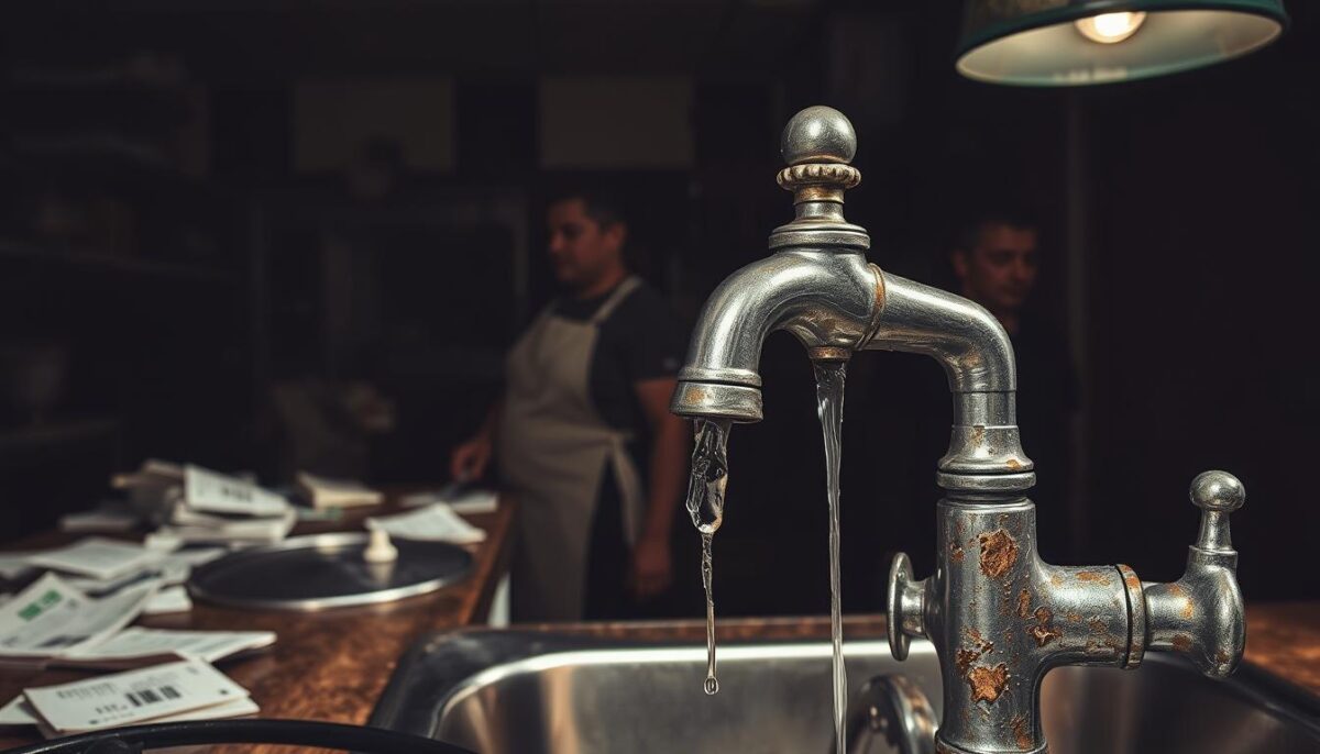 A dimly lit restaurant kitchen, shadows cast across the cluttered countertops. Scattered receipts, expired food labels, and a rusted set of scales hint at poor inventory management. The worn, discolored aprons of the staff suggest subpar hygiene practices. In the foreground, a cracked, leaking faucet drips steadily, a visual metaphor for the unreliable and potentially unsafe nature of this establishment's supplier relationships. The overall atmosphere conveys a sense of neglect and disorganization, underscoring the importance of recognizing these "red flags" when vetting potential restaurant suppliers.