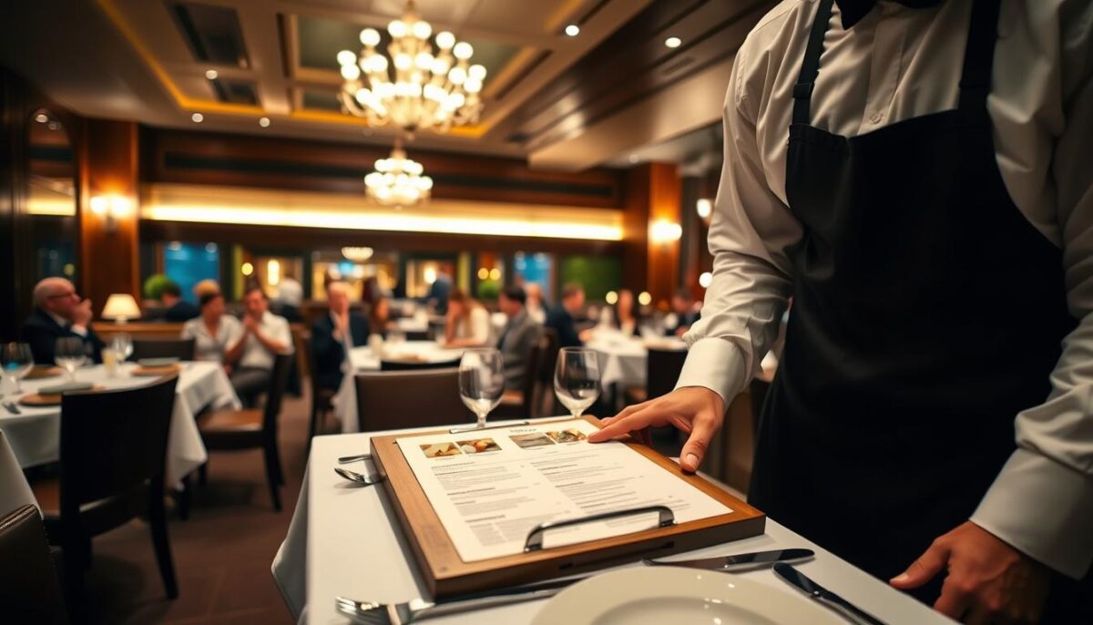 A dimly lit upscale restaurant, with a warm, inviting ambiance. The menu is elegantly displayed on a wooden board, showcasing finely crafted dishes. In the foreground, a waiter in a crisp white shirt and black apron arranges the table setting, with fine china, gleaming silverware, and a single candlestick casting a soft, flickering glow. The middle ground features a panoramic view of the restaurant, with tasteful decor, linen-draped tables, and well-dressed patrons enjoying their meals. The background is blurred, allowing the focus to remain on the meticulously crafted menu and the attentive service, conveying a sense of refined dining excellence.