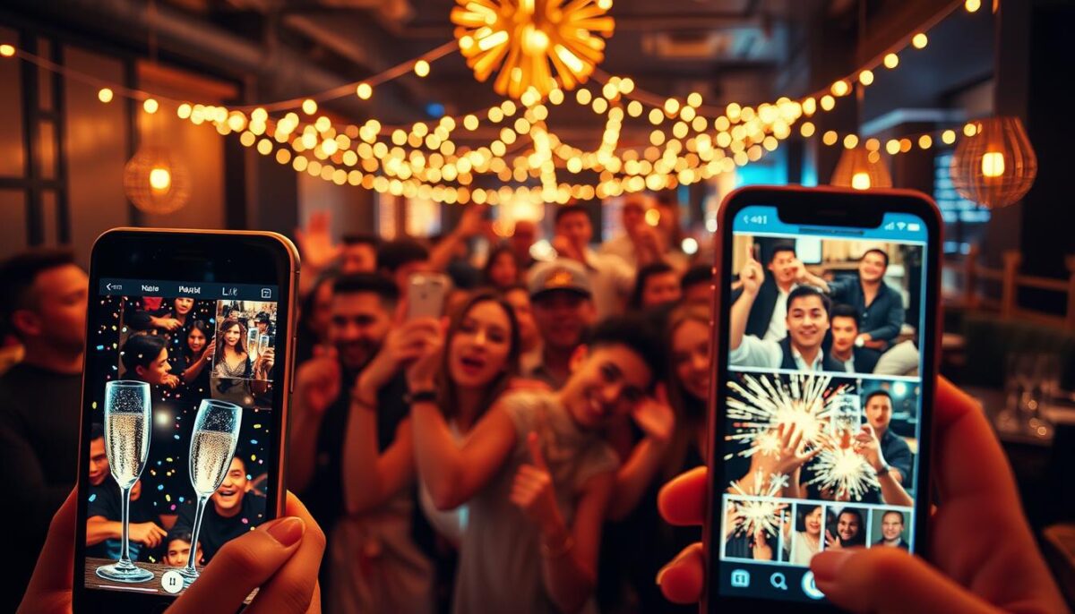 A dynamic social media feed showcasing festive New Year's Eve posts. In the foreground, smartphone screens display a curated grid of visually striking images - sparkling champagne flutes, party hats, and celebratory confetti. The middle ground features a lively crowd of people posing for selfies, their expressions brimming with excitement. In the background, a dimly lit restaurant setting with string lights and a sleek, modern decor creates an inviting atmosphere. The image is bathed in a warm, golden glow, capturing the celebratory mood of the occasion. Crisp, high-resolution details and a cinematic, wide-angle lens lend a polished, professional look to the social media presentation.