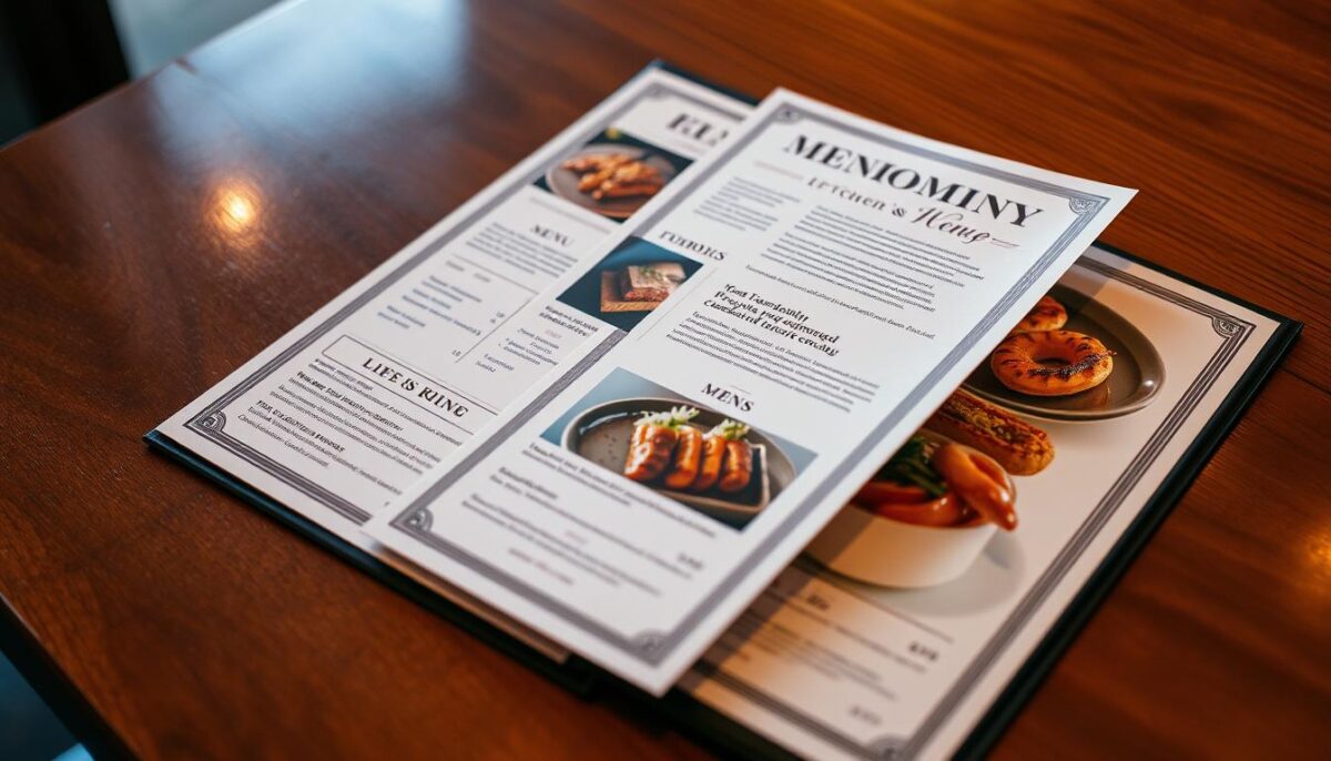 A high-end restaurant menu arranged on a polished wooden table, with a soft, warm lighting illuminating the pages. The menu features elegant typography, mouthwatering food imagery, and strategic layout to guide the customer's eye and influence their ordering decisions. The overall atmosphere exudes a sense of sophistication and attention to detail, reflecting the psychology of menu design.