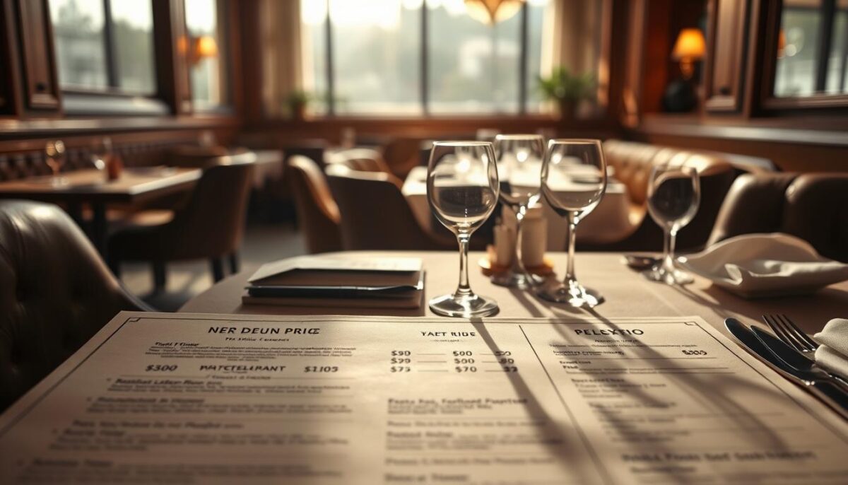 A high-end restaurant menu with a thoughtful price psychology layout. The foreground features a series of menu items, each with a carefully crafted price presentation - bolded, italicized, or with subtle visual cues to guide the customer's perception of value. The middle ground showcases a minimalist, elegant table setting, with delicate glassware and pristine white linen. The background is a softly-lit, sophisticated dining room, with plush leather seating and warm wood accents, creating an atmosphere of refined luxury. Dramatic side lighting casts dramatic shadows, emphasizing the tactile quality of the menu and tableware. The overall mood is one of refined indulgence, where every detail has been meticulously considered to optimize the customer's dining experience and subconsciously influence their purchasing decisions.