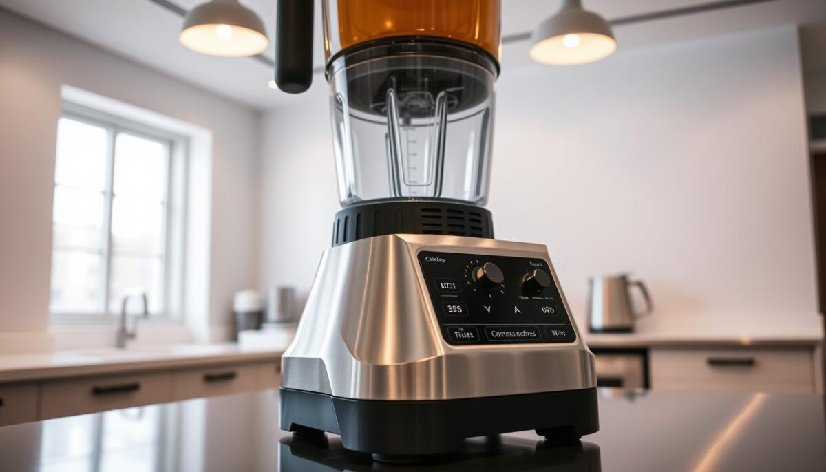 A high-quality commercial blender standing prominently on a sleek, stainless steel countertop, its robust stainless steel body gleaming under warm, diffused lighting. The blender's control panel features an array of clearly labeled buttons and dials, showcasing its advanced speed settings, programmed blend cycles, and intuitive digital display. In the background, a clean, minimalist kitchen environment with white walls and tile floors, creating a professional, restaurant-worthy atmosphere. The camera angle highlights the blender's ergonomic design and sturdy build, conveying its power and reliability for heavy-duty blending tasks.