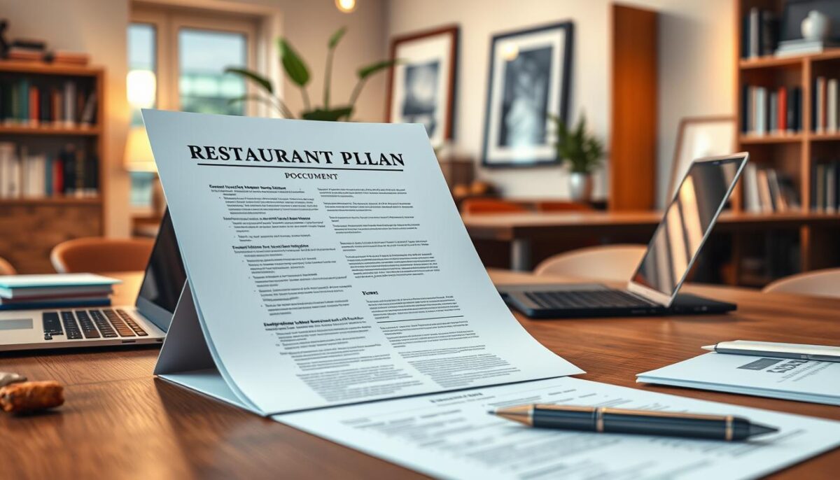 A high-quality, detailed restaurant business plan document with a professional layout, rendered in a realistic 3D scene. The plan is open on a wooden desk, with a laptop, pen, and other office supplies in the foreground. In the middle ground, a potted plant and framed artwork adorn the desk. The background shows a cozy, well-lit office interior with bookshelves, a window, and subtle warm lighting. The overall mood is one of thoughtful planning and attention to detail, conveying the thoroughness and care that goes into creating a successful restaurant business plan.