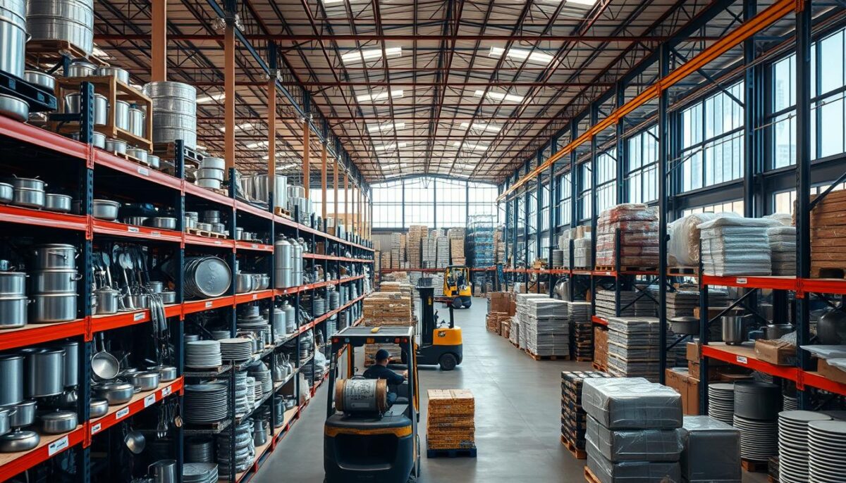 A high-quality, industrial-style image of a bustling restaurant supply wholesaler's warehouse. The foreground shows rows of commercial kitchen equipment, cookware, and utensils neatly organized on sturdy metal shelves. The middle ground features forklift operators efficiently moving pallets of inventory, while the background showcases the warehouse's vast scale, with towering ceilings, exposed beams, and ample natural light filtering in from large windows. The overall atmosphere is one of efficiency, professionalism, and a commitment to serving the needs of local restaurants. The lighting is a mix of warm, diffused overhead illumination and cool, directional task lighting, creating a balanced, visually appealing scene. The camera angle is slightly elevated, providing an overview of the busy operations.