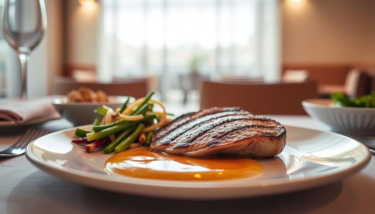 A high-quality restaurant-style dish, freshly prepared with attention to detail. A central plate featuring a succulent, seared meat or fish entree, complemented by perfectly cooked vegetables and a well-plated sauce or garnish. Soft, diffused lighting from above illuminates the scene, casting a warm, inviting glow. The composition is elegant and balanced, with the main ingredients positioned to draw the eye. The table setting includes clean, crisp linens and minimal, tasteful dishware that emphasizes the food. An atmosphere of refined dining, where every element combines to deliver an exceptional culinary experience.