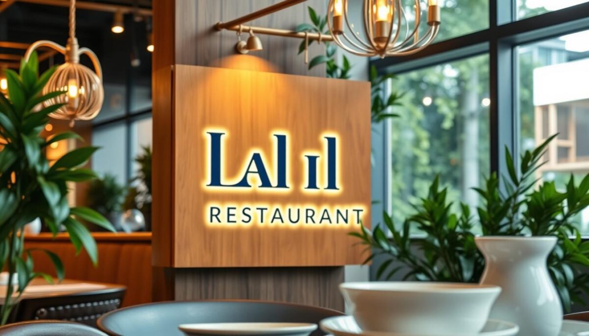 A high-quality, visually striking restaurant brand identity featuring a minimalist logo design with clean typography in shades of navy blue and gold, set against a backdrop of elegant brass accents, lush greenery, and a warm, inviting atmosphere. The logo is prominently displayed on a stylish wooden sign, illuminated by soft, ambient lighting. In the foreground, there are carefully curated lifestyle props, such as a set of pristine, white ceramic dishware, creating a sense of luxury and attention to detail. The overall composition conveys a sense of sophistication, craftsmanship, and a commitment to exceptional dining experience.