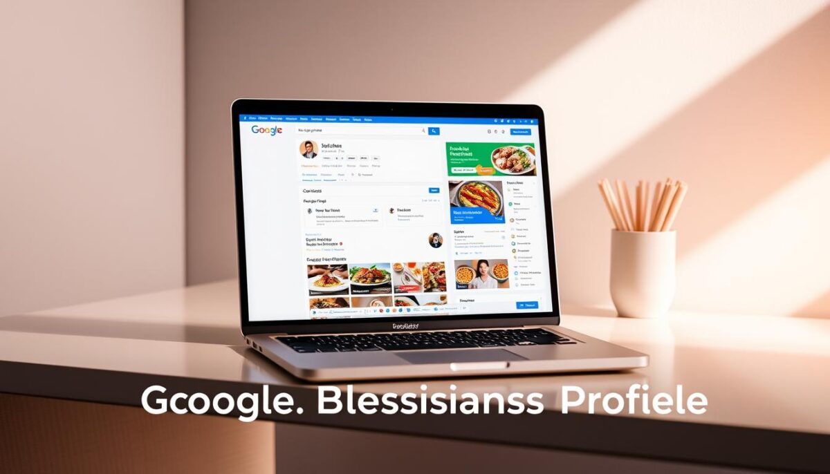 A highly detailed, realistic image of a Google Business Profile dashboard displayed on a laptop screen, showcasing the various features and sections of the profile. The screen is positioned on a clean, modern desk with a minimal aesthetic. Soft, directional lighting creates a warm, professional atmosphere. The laptop's display is crisp and clear, allowing the user interface elements to be easily legible. The composition emphasizes the importance of the Google Business Profile for a restaurant's online presence and local visibility. No distracting elements or text overlays are present, keeping the focus solely on the dashboard interface.