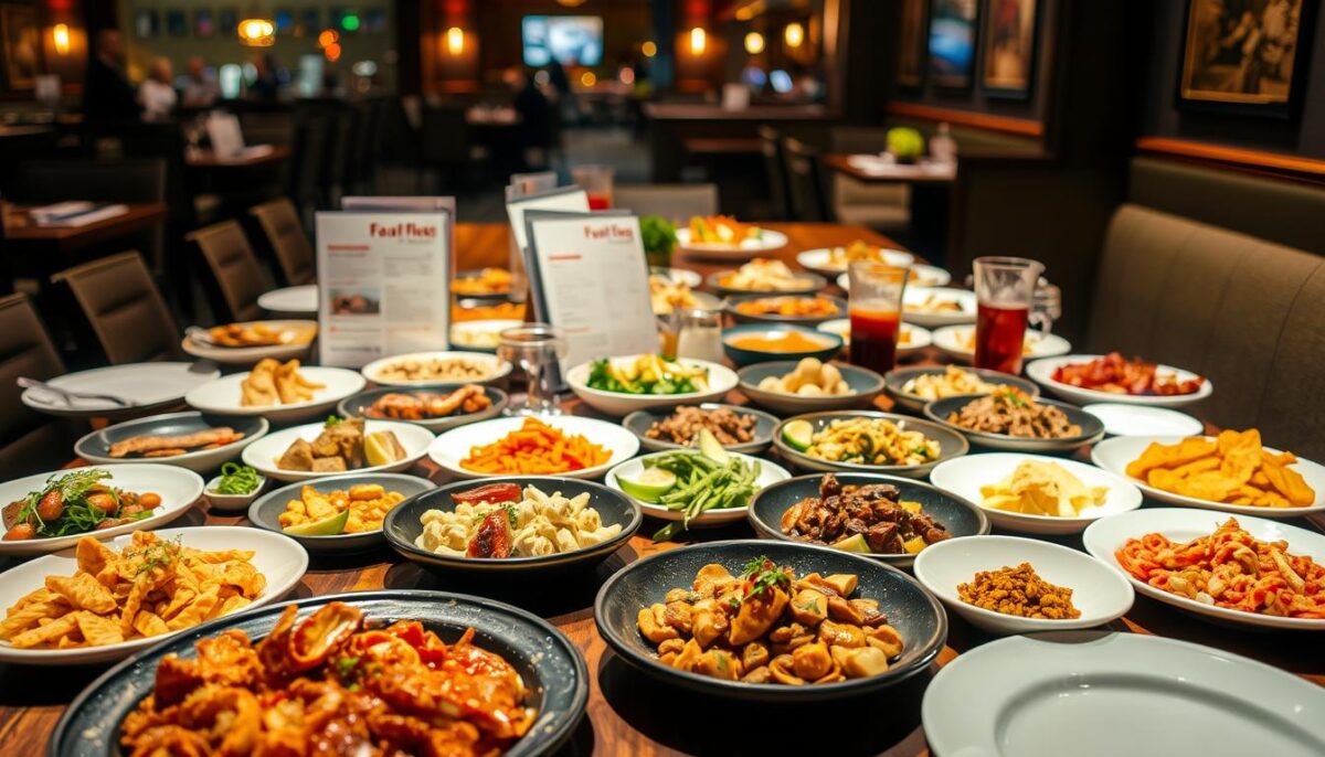 A large restaurant table set with a diverse array of menu items, ranging from appetizers and entrees to desserts and beverages. The table is illuminated by warm, focused lighting, casting a cozy, inviting atmosphere. In the foreground, an array of plates and dishes showcase a variety of cuisines, textures, and colors, creating a visually captivating and tantalizing display. The middle ground features neatly arranged menus, each with a distinct design and layout, hinting at the breadth of options available. In the background, a softly blurred restaurant interior provides a sense of context, with the focus remaining on the diverse and tempting selection of culinary offerings.