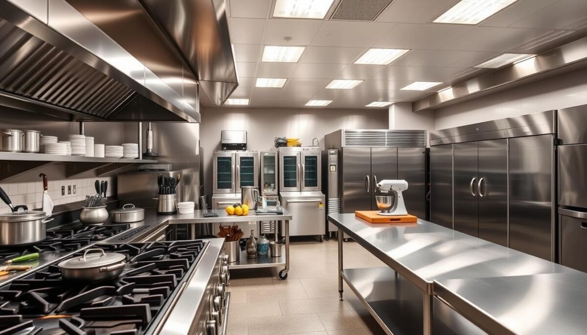 A large, well-lit commercial kitchen with an array of stainless steel appliances and equipment. In the foreground, a professional-grade gas stove with multiple burners and a large oven, surrounded by various pots, pans, and utensils. In the middle ground, a sturdy stainless steel work table with a cutting board and knife set, along with a commercial-grade mixer and a large food processor. In the background, a row of industrial-sized refrigerators and freezers, as well as a commercial dishwasher and a ventilation system overhead. The lighting is bright and even, creating a sense of efficiency and professionalism, while the stainless steel surfaces and clean lines convey a modern, high-quality aesthetic.