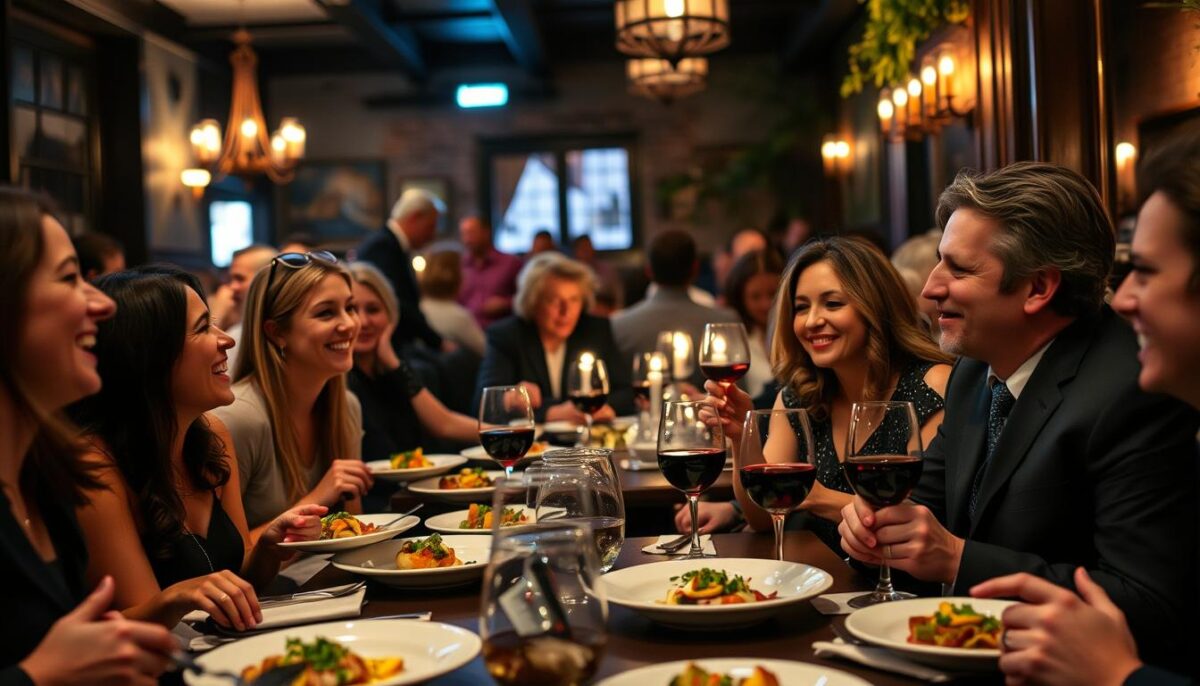 A lively, well-dressed crowd of restaurant week patrons enjoys a meal at a cozy, dimly-lit bistro. In the foreground, a group of friends laugh and converse over plates of artfully plated dishes. In the middle ground, a couple gazes fondly at each other as they sip wine. The background is filled with the warm glow of candlelight, casting a soft, inviting atmosphere. The scene captures the energy and camaraderie of a memorable dining experience, hinting at the potential for these one-time diners to become loyal, returning customers.