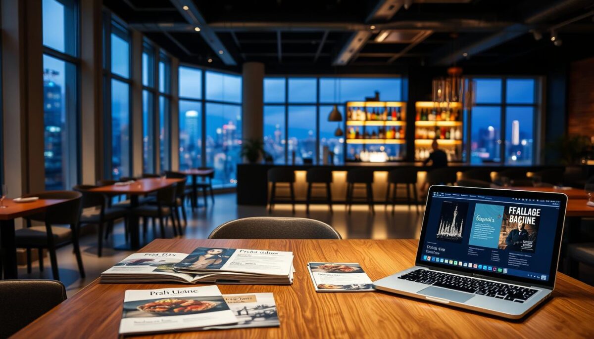 A minimalist, modern restaurant interior with large windows overlooking a vibrant city skyline. Soft, warm lighting casts a cozy ambiance throughout the space. In the foreground, a wooden table displays an assortment of marketing materials - brochures, flyers, and a laptop showcasing a digital presentation. The middle ground features a chic, contemporary bar area with backlit shelves displaying a curated selection of beverages. The background subtly hints at the restaurant's unique cuisine and atmosphere, hinting at its distinct value proposition.