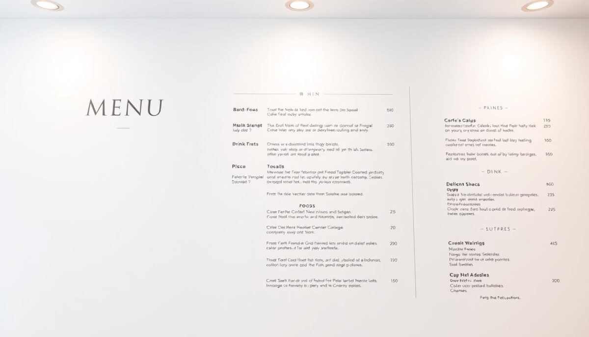 A minimalist, visually-appealing restaurant menu design with a focus on legibility and intuitive layout. Sleek sans-serif typography in shades of gray and black against a crisp white background, with subtle textural elements like thin dividing lines or a lightly patterned backdrop to add visual interest. The menu features carefully curated, mouthwatering food and drink options arranged in a clean, streamlined manner to guide the customer's eye. Soft, even lighting from above illuminates the menu, creating a sophisticated, elegant atmosphere. The layout is balanced and uncluttered, with ample white space to make the content easy to navigate. An understated, refined aesthetic that reflects the quality and care put into the culinary offerings.