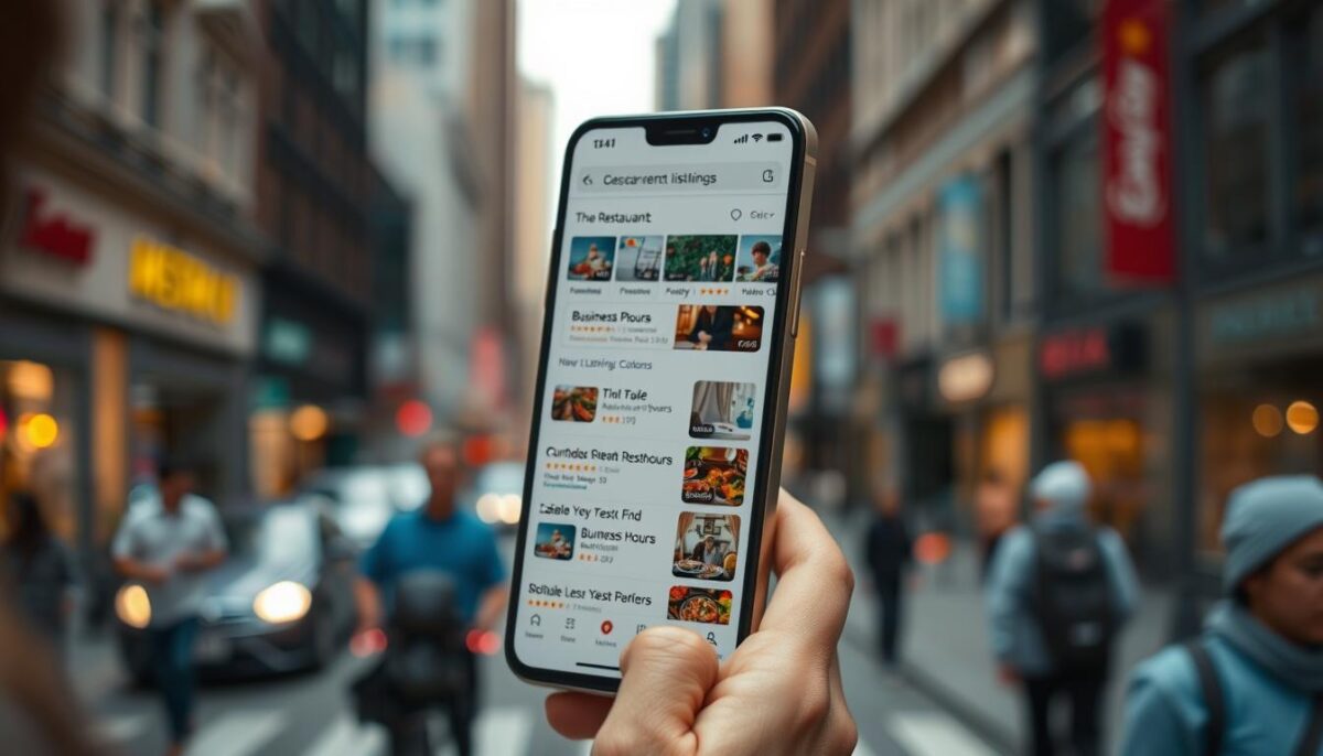 A mobile phone screen displaying a search engine results page (SERP) for restaurant listings, with prominent features such as star ratings, photos, business hours, and location information. The scene is set against a blurred background of a busy city street, capturing the essence of a person searching for a nearby dining option on-the-go. The lighting is natural and warm, creating a sense of immediacy and relevance. The composition is balanced, with the mobile device taking up the foreground and the urban environment providing context in the background. The overall mood is one of practicality and efficiency, reflecting the critical role that mobile SERP features play in the decision-making process of modern, on-the-move diners.