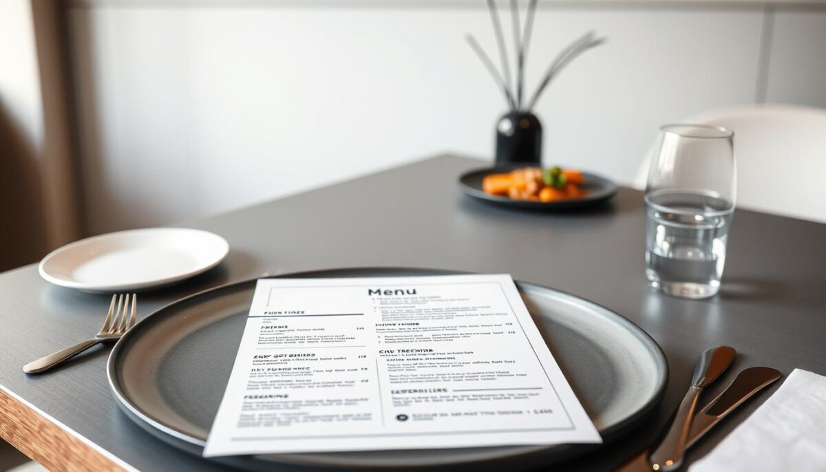 A modern and sophisticated restaurant menu layout, carefully designed to guide customers towards high-profit dishes. The menu is presented on a sleek, minimal table setting, with a muted color palette of grays, whites, and natural wood tones. In the foreground, the menu is displayed on a premium-quality paper, with a clean and organized structure, highlighting key items with bold headings and concise descriptions. The middle ground features strategically placed food images, shot with a shallow depth of field, drawing the eye to the most enticing dishes. In the background, a softly lit, minimalist environment sets the mood, creating an atmosphere of understated elegance that complements the menu's design.