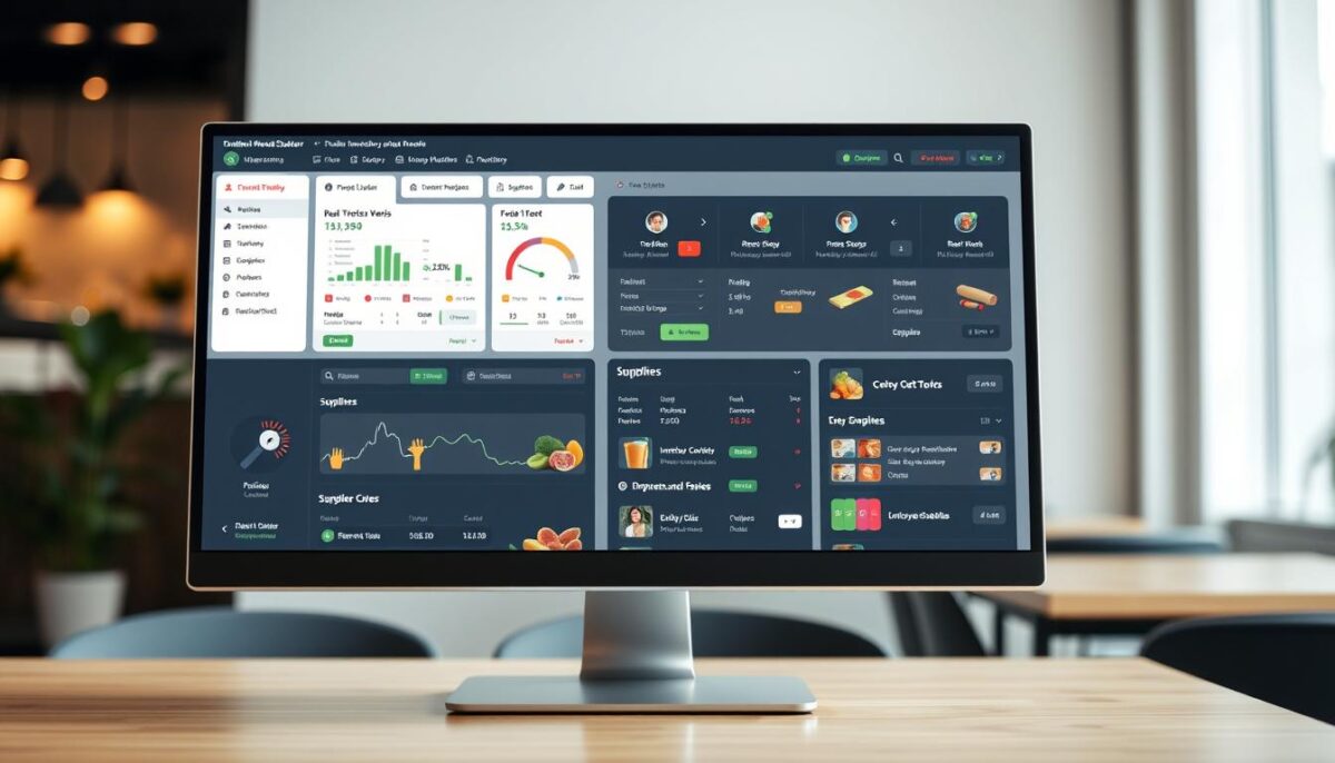A modern, clean-looking restaurant inventory management software interface displayed on a sleek, high-resolution desktop computer screen. The foreground shows a user-friendly dashboard with intuitive data visualizations, real-time stock levels, and seamless inventory tracking capabilities. The middle ground features a well-organized menu for managing orders, suppliers, and employee schedules. The background has a subtle gradient or blurred office environment, conveying a sense of professionalism and efficiency. The lighting is soft and balanced, highlighting the software's clear and accessible design. The camera angle is slightly elevated, providing an overview of the comprehensive inventory management system.
