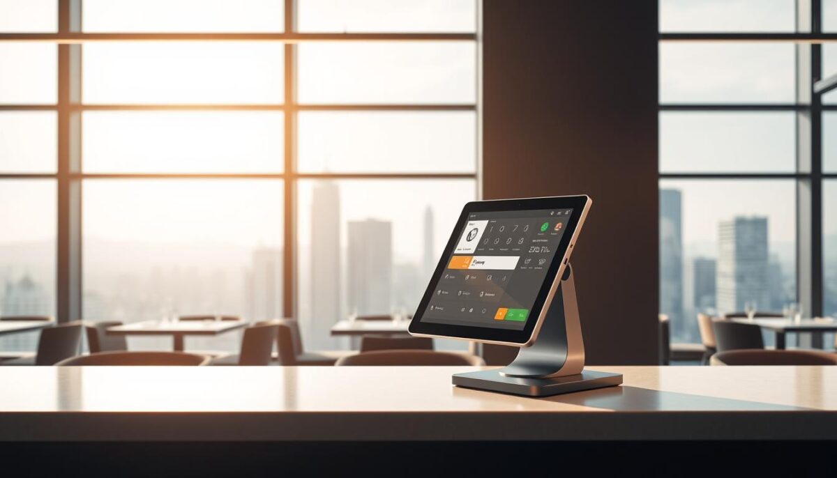 A modern, cloud-based point-of-sale system standing prominently in a sleek, minimalist restaurant interior. Crisp, bright lighting illuminates the streamlined hardware and intuitive touchscreen interface, creating a sense of technological sophistication. In the background, a panoramic window offers a picturesque cityscape view, reflecting the system's scalability and connectivity. The overall atmosphere conveys efficiency, convenience, and a forward-thinking approach to restaurant management.