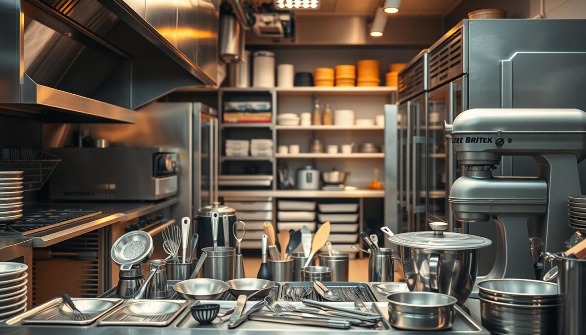 A modern commercial kitchen filled with a diverse array of stainless steel restaurant equipment, including a gleaming commercial-grade oven, a large professional-quality mixer, and an industrial-sized refrigerator. In the middle ground, various kitchen tools and utensils are neatly arranged, while in the background, shelves are stocked with essential supplies. The scene is bathed in warm, diffused lighting, creating a sense of efficiency and professionalism. The composition emphasizes the importance of high-quality, well-maintained equipment in the successful operation of a restaurant.