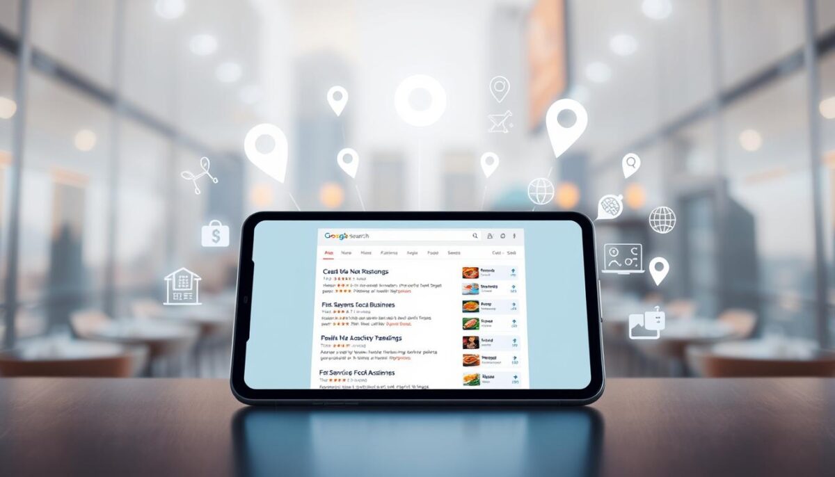 A modern, minimalist illustration of "local search keywords" for a restaurant's online presence. The foreground features a sleek smartphone or tablet display, showcasing search engine results pages (SERPs) with local business listings and reviews. The middle ground depicts various local search-related icons and graphics, such as map pins, location markers, and star ratings. The background has a soft, blurred cityscape, conveying the urban, hyper-local context. The lighting is clean and evenly distributed, with a subtle, cool-toned color palette to create a professional, tech-savvy atmosphere. The overall composition is balanced and visually striking, effectively communicating the importance of local search optimization for a restaurant's digital marketing strategy.