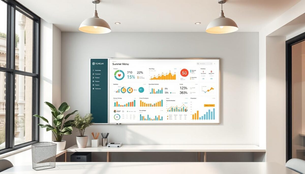 A modern, minimalist office interior with a large whiteboard on the wall displaying a detailed summer menu performance tracking dashboard. Warm, natural lighting from overhead fixtures and a large window casts a soft glow across the clean, monochrome workspace. Sleek, metallic desk organizers and a potted plant create a cohesive, professional aesthetic. The dashboard showcases colorful graphs, charts, and KPIs tracking sales, customer feedback, and inventory data for the restaurant's seasonal menu items. An inspired, analytical mood conveys the careful monitoring and optimization of the summer menu's success.
