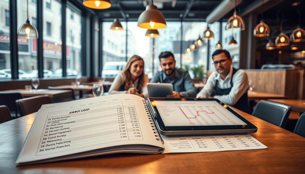 A modern, minimalist restaurant interior with sleek wooden tables, steel accents, and pendant lighting casting a warm glow. In the foreground, an open ledger displaying various startup cost categories - permits, licenses, equipment, inventory, marketing, and more. A tablet on the table shows detailed financial projections. The middle ground features a team of restaurateurs discussing expansion plans, their expressions serious yet determined. In the background, a large window overlooks the bustling city street, hinting at the restaurant's prime location and high-traffic setting. The overall mood is one of careful planning, attention to detail, and a sense of entrepreneurial optimism.