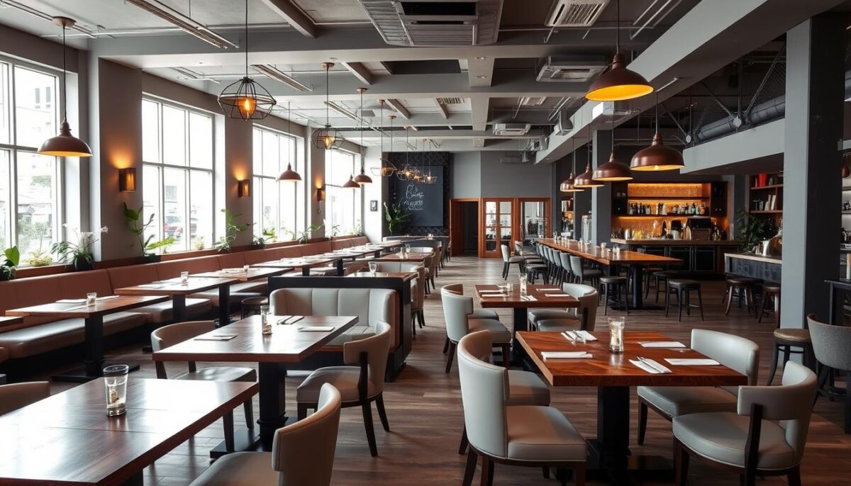 A modern, well-designed restaurant interior with a flexible, multi-functional layout. Bright, airy space with abundant natural light streaming in through large windows. Tasteful decor featuring a mix of contemporary and vintage elements - sleek wooden tables, plush upholstered banquettes, and minimalist pendant lighting. An open floor plan with defined zones for dining, lounge, and bar areas, allowing for efficient space utilization. Warm, inviting atmosphere with muted earth tones, pops of greenery, and subtle ambient lighting that creates a cozy ambiance. The layout is adaptable, with movable partitions and modular furniture enabling the space to be reconfigured for various events and occasions, maximizing its profitability.