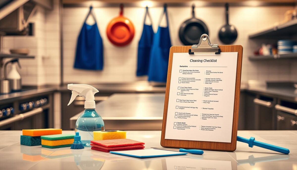 A neatly organized commercial kitchen cleaning checklist, set against a warm, well-lit backdrop. The checklist is displayed on a sturdy clipboard, its pages crisp and clean. In the foreground, various cleaning supplies and tools are arranged meticulously, including a spray bottle, sponges, and a squeegee. The middle ground showcases the gleaming surfaces of the kitchen, from the stainless steel countertops to the sparkling tiled floors. In the background, the silhouettes of chef's hats and aprons hang on hooks, suggesting the diligence and attention to detail required in maintaining a spotless commercial kitchen.