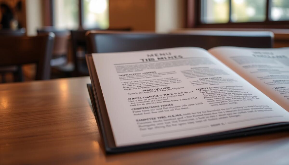 A neatly printed menu rests on a wooden table, the soft light from a nearby window casting a warm glow. The menu's pages showcase a selection of tantalizing dishes, each with a captivating description that entices the reader. The typeface is elegant and legible, drawing the eye to the carefully curated menu items. The background is blurred, allowing the focus to remain on the menu itself, highlighting the importance of its language and presentation in the art of boosting sales.