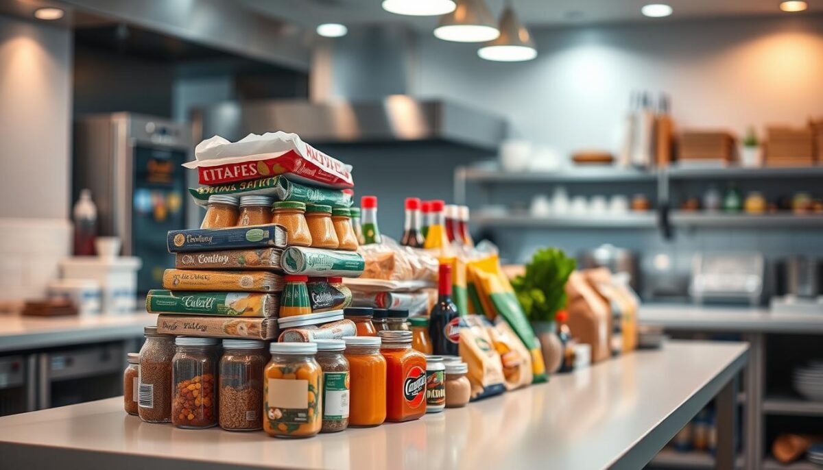 A neatly stacked pile of various packaged food items, including cans, bottles, and boxes, sits on a pristine white table against a blurred backdrop of a commercial kitchen. The lighting is soft and diffused, casting a warm, inviting glow on the scene. The camera angle is slightly elevated, capturing the scene from a slightly overhead perspective to emphasize the sense of order and organization. The focus is sharp on the food items, highlighting their quality and freshness, while the background remains slightly out of focus, drawing the viewer's attention to the foreground. The overall mood is one of cleanliness, safety, and reliability, conveying the idea of comprehensive food contamination insurance coverage for restaurants.