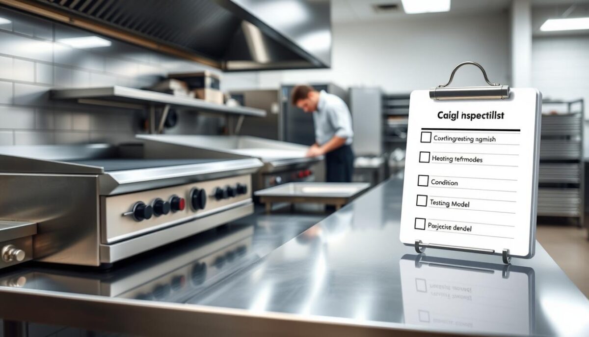 A pristine commercial kitchen countertop, illuminated by soft, directional lighting, showcases an array of well-maintained used restaurant equipment. A digital inspection checklist floats in the foreground, highlighting key details like condition, make, and model. In the middle ground, a skilled technician examines a gleaming stainless steel griddle, meticulously testing its heating elements and surface. The background features a clean, organized storage area, hinting at the care and attention required to assess and refurbish these essential culinary tools.