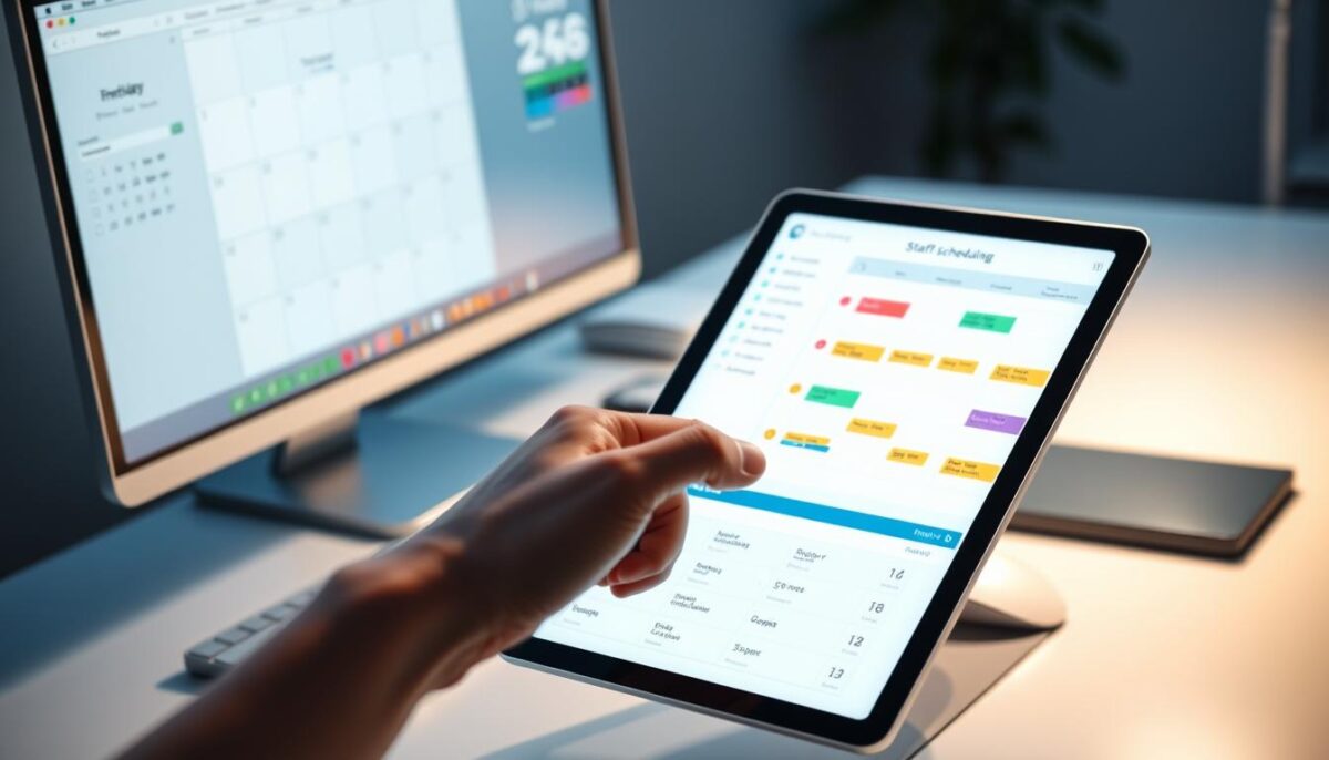 A pristine office desk with a sleek computer monitor, keyboard, and mouse. The desktop displays a calendar, to-do list, and scheduling app with color-coded shift assignments. In the foreground, a hand hovers over a touchscreen tablet, open to a comprehensive staff scheduling interface. Soft, directional lighting illuminates the scene, creating a sense of organization and productivity. The background blurs into a modern, minimalist workspace with clean lines and neutral tones, emphasizing the focus on the scheduling tools.