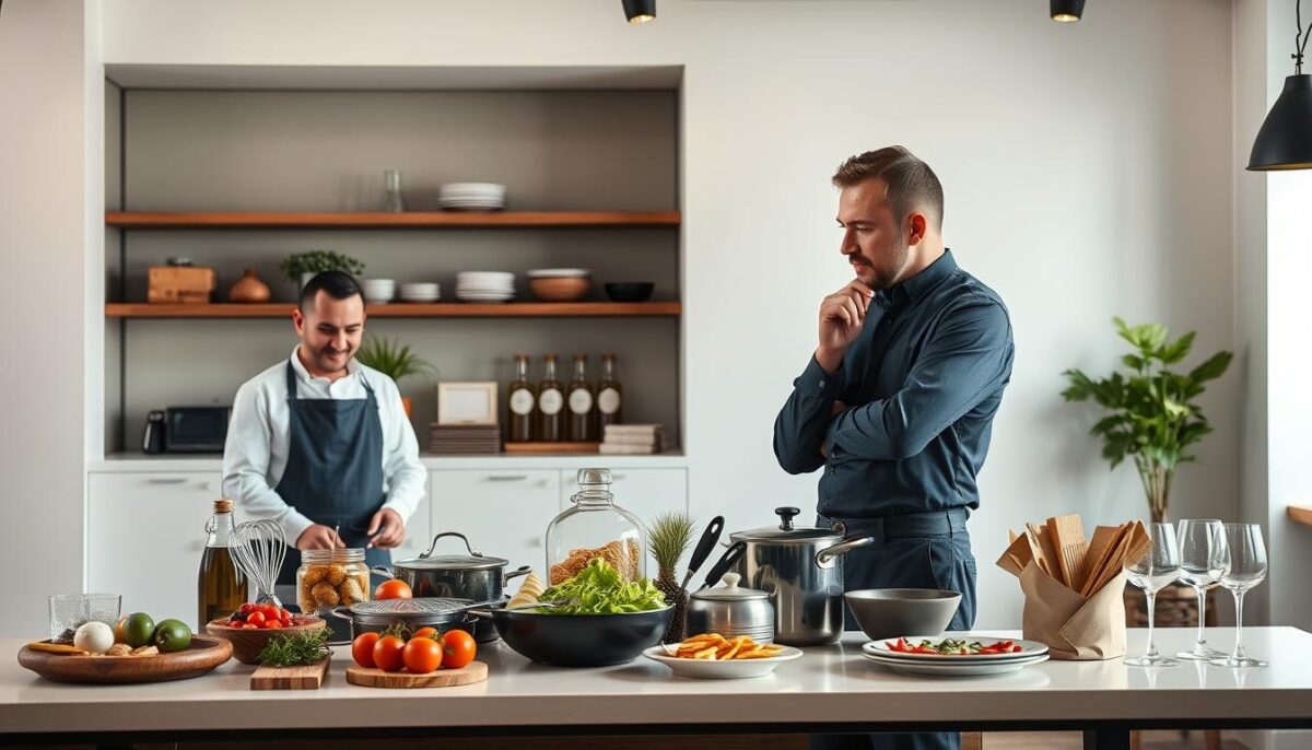 A professional, well-lit studio scene depicting a restaurant supplier carefully presenting their products and services to a thoughtful restaurant owner. The supplier stands behind a modern, minimalist counter, meticulously arranging a selection of high-quality ingredients, cookware, and tableware. The restaurant owner examines the items, considering their value beyond just the price. The mood is one of collaboration and mutual understanding, with both parties engaged in a constructive dialogue about negotiating favorable terms, ensuring consistent quality, and providing exceptional service.