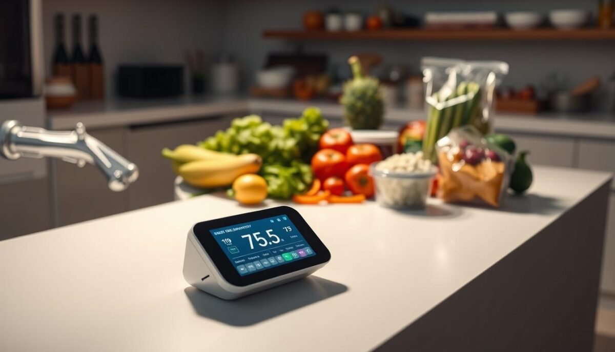 A sleek, compact device rests on a minimalist, white tabletop, its digital display showcasing real-time data on food inventory levels and expiration dates. Surrounding it, an array of fresh produce and packaged goods, illuminated by soft, diffused lighting that casts gentle shadows, creating a sense of depth and atmosphere. The device's clean, modern design blends seamlessly with the streamlined, organized kitchen environment, hinting at its intuitive and user-friendly interface. This image of cutting-edge food waste tracking technology embodies the potential to revolutionize household management, empowering consumers to make informed decisions and reduce food waste with ease.