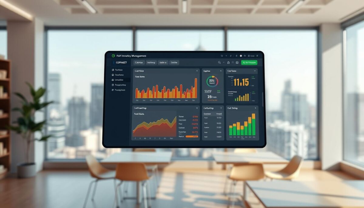 A sleek, intuitive inventory management software interface floats in a well-lit, modern office setting. In the foreground, dynamic graphs and charts display real-time data on food stocks, usage trends, and cost savings. The middle ground features an organized digital dashboard with customizable views, alerts, and inventory tracking tools. In the background, a large window overlooking a bustling city skyline sets a productive, professional tone. Soft, directional lighting accentuates the clean, minimalist design, conveying a sense of efficiency and control over restaurant operations.