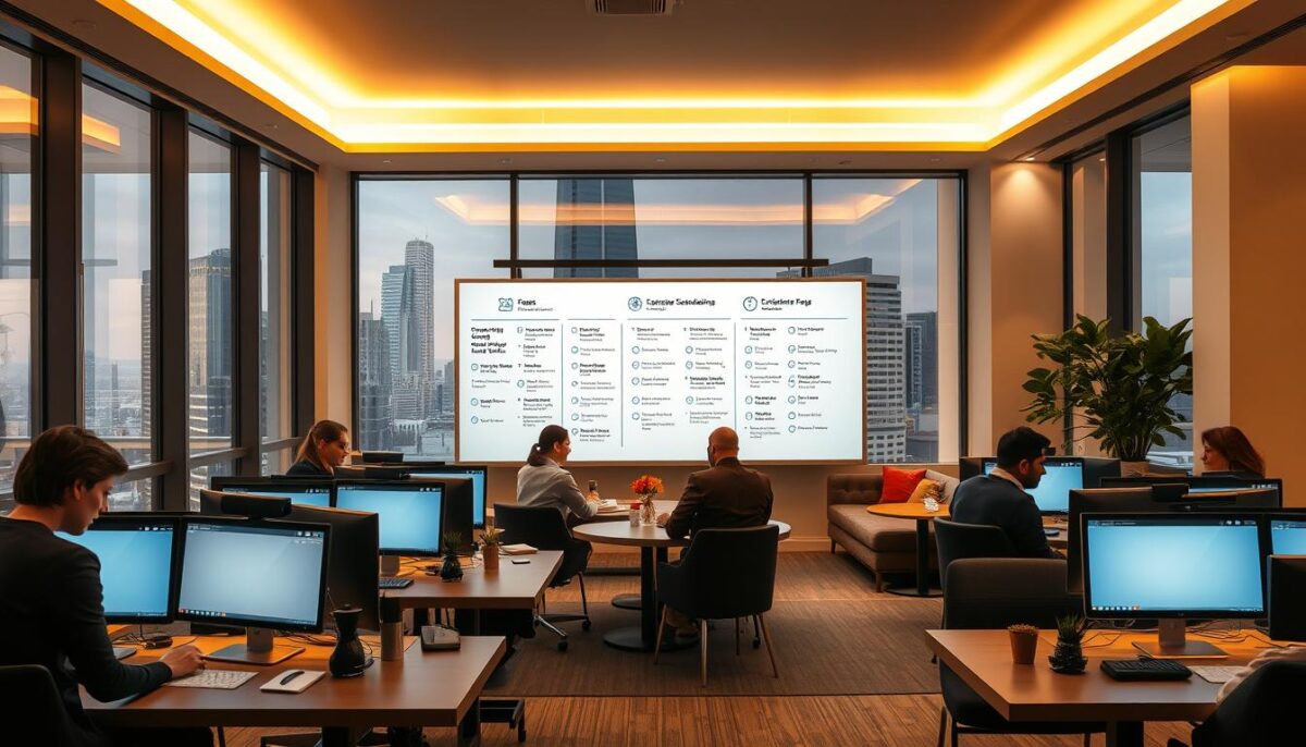 A sleek, modern office interior with large windows overlooking a cityscape. In the foreground, a team of customer service representatives sit at their desks, intently focused on their computer screens as they assist restaurant owners with the implementation and training of their scheduling software. Warm, indirect lighting illuminates the space, creating a professional and productive atmosphere. The middle ground features a large, interactive whiteboard displaying step-by-step guides and troubleshooting tips. In the background, a cozy lounge area with comfortable seating provides a space for training sessions and collaborative problem-solving. The overall scene conveys a sense of efficiency, expertise, and a commitment to supporting restaurants in optimizing their scheduling and labor management processes.
