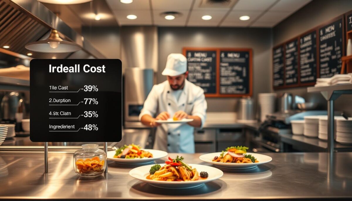 A sleek, modern restaurant kitchen with stainless steel countertops and state-of-the-art appliances. The scene is bathed in warm, focused lighting, casting a cozy ambiance. In the foreground, a digital display shows a breakdown of "Ideal Food Cost" - precise percentages for each ingredient, neatly organized. In the middle ground, a chef in a crisp white uniform meticulously arranges a plate of beautifully plated dishes, their components perfectly proportioned. The background features a chalkboard wall displaying the restaurant's menu, hinting at the overall harmony between cost management and culinary excellence.