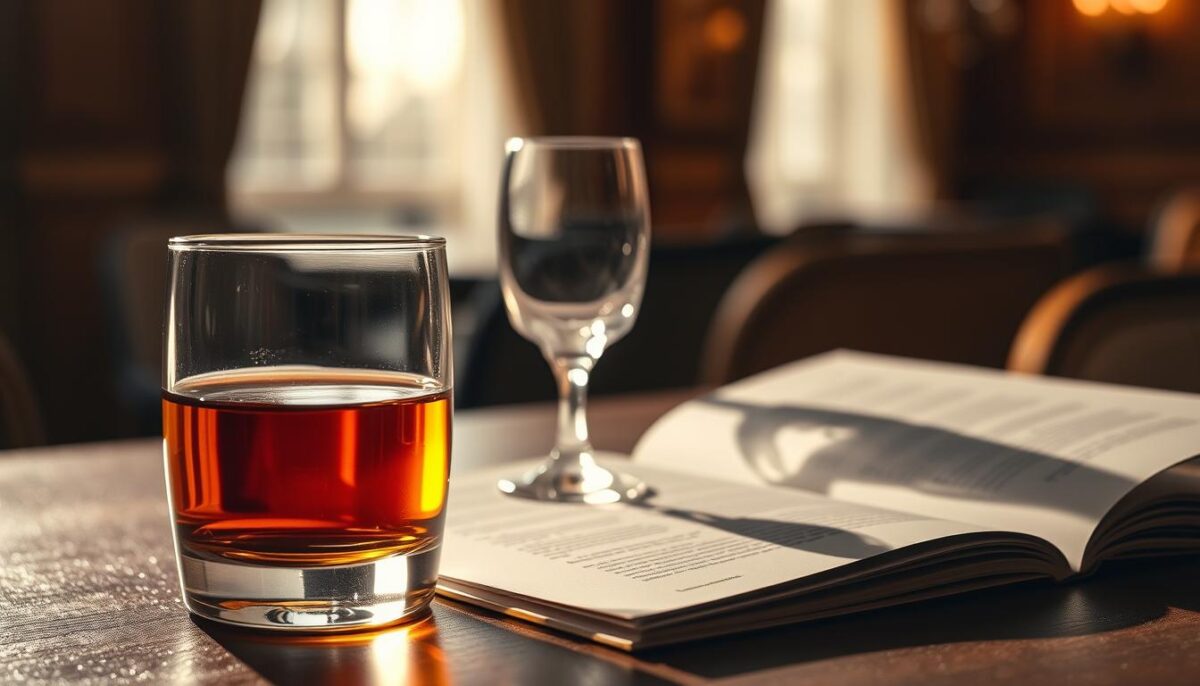 A sophisticated and stylish still life composition depicting the concept of liquor liability insurance. In the foreground, a glass of amber liquor is set against a backdrop of a formal document or policy, its pages open to reveal key details. Subtle lighting casts warm, dramatic shadows, creating a sense of importance and weight. In the middle ground, a pair of elegant, crystalline glassware stands as a symbol of the hospitality industry. The background features a softly blurred, elegant interior setting, hinting at the upscale environment where this type of coverage would be essential. The overall mood is one of professionalism, responsibility, and the careful management of risk.
