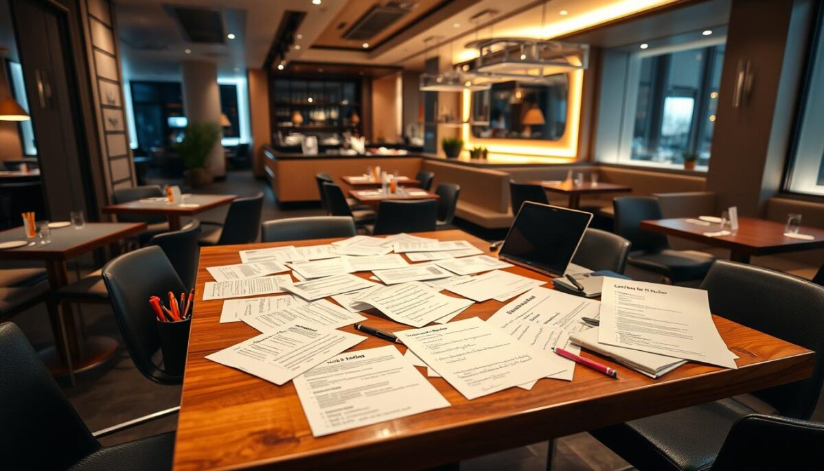 A sophisticated restaurant interior with modern decor and ambient lighting, showcasing a large wooden table covered in customer reviews handwritten on various types of paper, ranging from formal documents to casual notes. The table is surrounded by various office supplies like pens, highlighters, and a laptop, conveying a sense of thoughtful review management. The background features a sleek, minimalist design with neutral tones, allowing the customer reviews to take center stage. The overall mood is one of professionalism, attention to detail, and a dedication to understanding and responding to customer feedback.