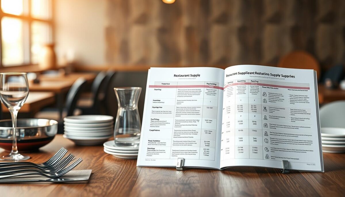 A sophisticated restaurant supply comparison guide presented on a modern, wooden table. In the foreground, various restaurant supplies like utensils, dishes, and glassware are meticulously arranged, showcasing their quality and diversity. The middle ground features open pages of the guide, with detailed product information and side-by-side comparisons of pricing, service, and reliability from multiple suppliers. The background is softly lit, with a warm, inviting ambiance created by indirect lighting and a minimalist, rustic setting, emphasizing the guide's practical yet visually appealing nature. The overall composition conveys a sense of professionalism, thoroughness, and the importance of making informed decisions when selecting restaurant suppliers.
