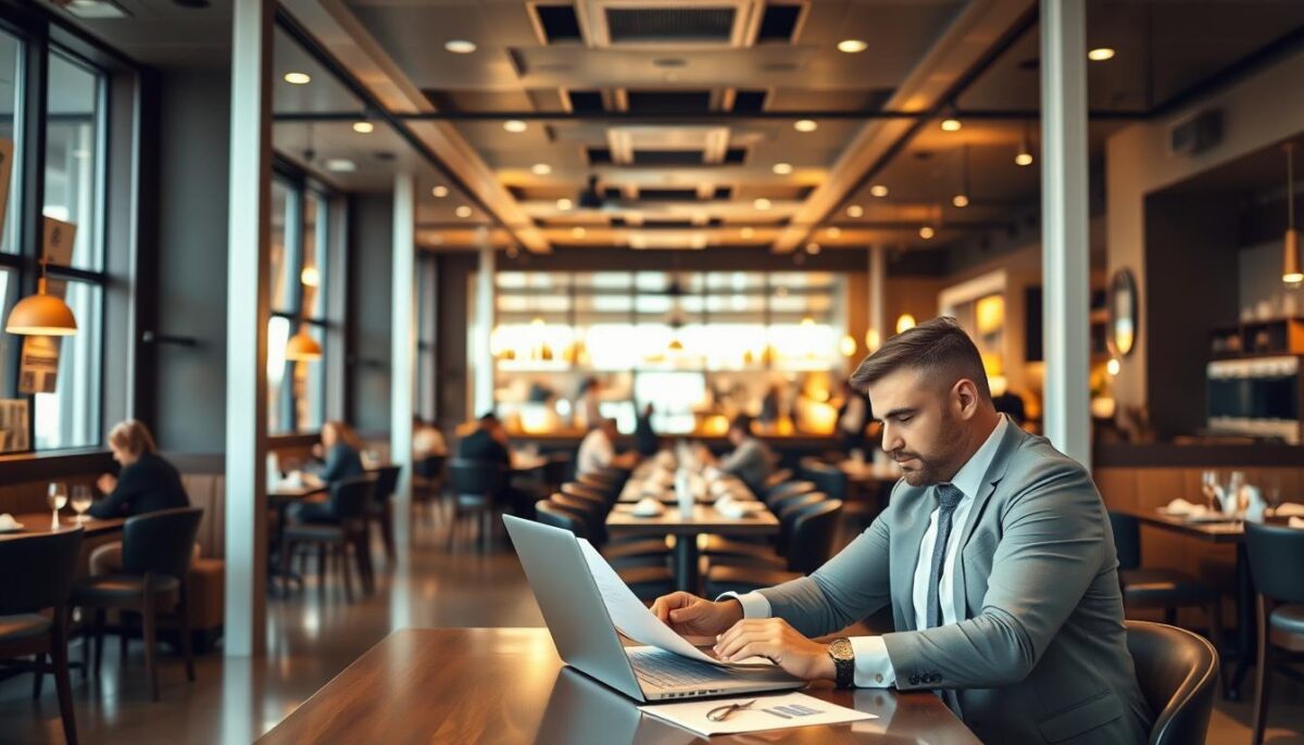 A spacious, well-lit restaurant interior with modern decor and stylish furnishings. In the foreground, a businessperson sits at a table, reviewing financial documents and a laptop, deep in thought. Framed by large windows, the middle ground showcases a bustling dining area with patrons enjoying their meals. In the background, the restaurant's bar and kitchen areas are visible, hinting at the complex operations required to run a successful eatery. The lighting is warm and inviting, creating a professional yet relaxed atmosphere. The overall scene conveys the unique challenges and considerations involved in securing restaurant business loans compared to standard small business financing.