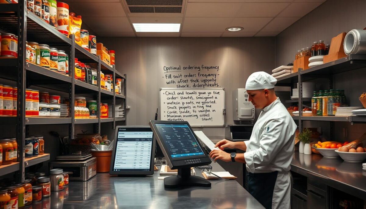 A spotless, well-organized restaurant kitchen, with chefs diligently managing inventory and tracking supplies. Sleek metal shelves line the walls, neatly stocked with canned goods, spices, and fresh produce. A central workstation features a touchscreen inventory management system, displaying real-time data on stock levels and upcoming orders. Warm, diffused lighting creates a focused, efficient atmosphere, as the chefs efficiently log each item, ensuring smooth, uninterrupted service. In the background, a whiteboard displays handwritten notes on optimal ordering frequency and minimum stock thresholds, guiding the team's strategic inventory management.