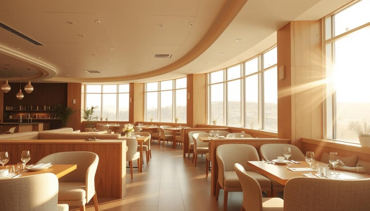 A sun-drenched restaurant interior bathed in a soft, natural light palette. Warm wood accents and plush, textured seating create a cozy, inviting ambiance. Sprawling windows allow the golden rays to pour in, casting a gentle glow across the space. Minimalist decor and neutral tones evoke a sense of calm and relaxation, encouraging guests to linger. Carefully placed lighting fixtures cast a subtle, even illumination, accentuating the clean lines and airy feel of the design. The overall atmosphere is one of tranquility and comfort, fostering a relaxed dining experience.